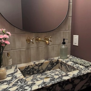 Calacatta Viola Marble Bathroom Sink | Wall Mount Vessel Sink | Custom Marble Vanity Top | Powder Room Sink | Integrated Marble Sink