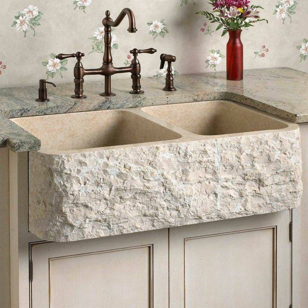 Beige Marble Rough Apron Sink FARMHOUSE Kitchen Sink Double Kitchen