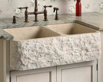 Beige Marble Rough Apron Sink FARMHOUSE Kitchen Sink Double Kitchen Sink Natural Stone Sink Kitchen Basin Hand Carved sink