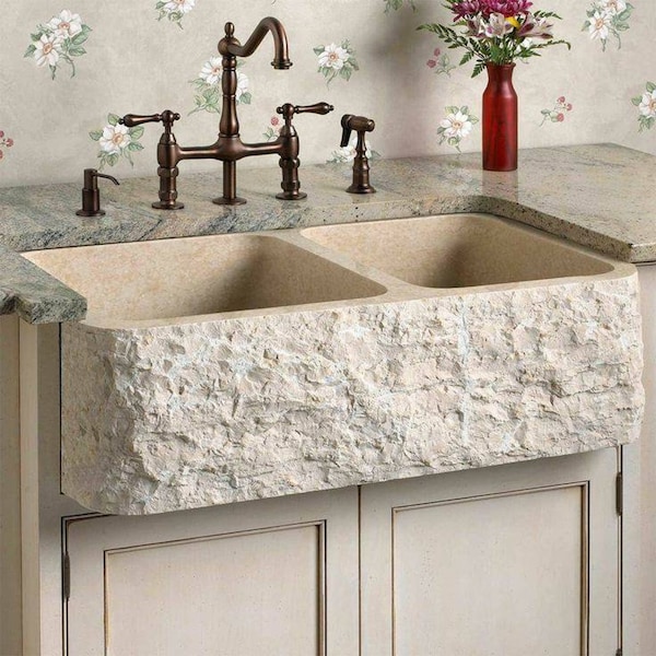 Beige Marble Rough Apron Sink FARMHOUSE Kitchen Sink Double Kitchen Sink Natural Stone Sink Kitchen Basin Hand Carved sink