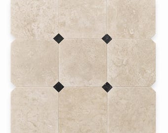 Travertine Octagon Tile with Black Dot – 12x12 Natural Stone Mosaic Flooring