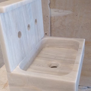 White Gray Marble  Bathroom Sink | Wall Mount Vessel Sink | Custom Marble Vanity Top | Powder Room Sink with Backsplash