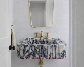Hand Carved Calacatta Viola Marble Sink: Fluted Apron, Wall Mount Vanity