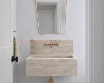 Lavabo de pared de travertino tallado a mano: Mueble de baño de piedra natural