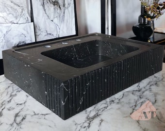 Nero Marquina Marble Fluted Sink Wall Mount Marble Sink  Reeded Apron Marble Bathroom Sink Black Marble Powder Room Sink Marble Vanity Top