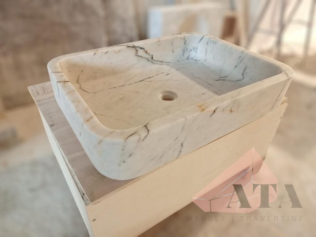 Carrara White Marble Wall-mount Bathroom Sink Fluted Front (W)16