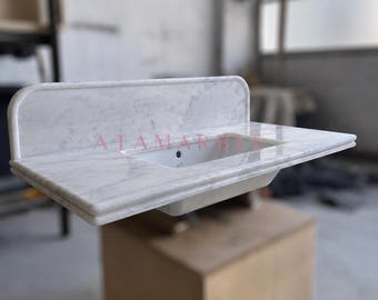 Carrara White Marble Sink with Porcelain Undermount Custom Bathroom Vanity with Backsplash