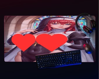 May include: A large rectangular gaming mousepad featuring a colorful anime-style illustration of a nun. A black keyboard, mouse, and headset are also visible. The mousepad has a black border and a dark background.