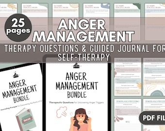May include: A digital product bundle for anger management therapy. The cover features a cartoon illustration of a person with red cheeks and angry eyebrows. The text on the cover reads "Anger Management Bundle" and "Therapeutic Questions for Uncovering Anger Triggers".
