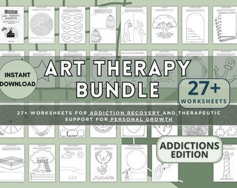 May include: A set of 27+ printable art therapy worksheets for addiction recovery and therapeutic support for personal growth. The worksheets feature a variety of images, including a cage, a tree, a mirror, an anchor, a lighthouse, and a phoenix. The worksheets are designed to help people explore their emotions, develop coping skills, and find hope for the future.  Addictions Edition.