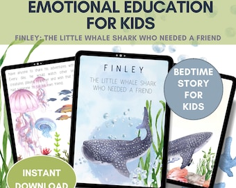 May include: A digital illustration of a whale shark with blue and white spots swimming in the ocean. The text "Finley: The Little Whale Shark Who Needed a Friend" is above the image. The text "Bedtime Story for Kids" is in a blue circle on the right side of the image. The text "Instant Download" is in a green box on the left side of the image.