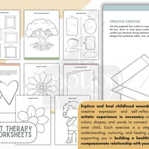 Op de afbeelding: Zwart-witte printbare kunsttherapie-werkbladen voor volwassenen. De werkbladen bevatten verschillende vormen, waaronder een boom, een huis, een bloem en een hart. De tekst op de pagina luidt: "Verken en genees kinderwonden door middel van creatieve expressie en zelfreflectie. Er is geen artistieke ervaring nodig - gebruik gewoon kleuren, vormen en woorden om contact te maken met je innerlijke kind. Elke oefening is een stap in de richting van begrip, verzorging en genezing van je verleden, waardoor je een gezondere, meer medelevende relatie met jezelf kunt opbouwen."