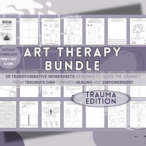 May include: An art therapy bundle with 20 transformative worksheets designed to guide the journey from trauma towards healing and empowerment. The cover features the text "Art Therapy Bundle" and "Trauma Edition". Includes instant download, print out, and use instructions.