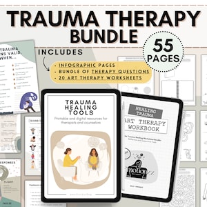 May include: A digital product bundle for trauma therapy, featuring 55 pages of printable and digital resources. The bundle includes infographic pages, therapy questions, and art therapy worksheets. The cover features a digital tablet displaying a trauma healing tools workbook.