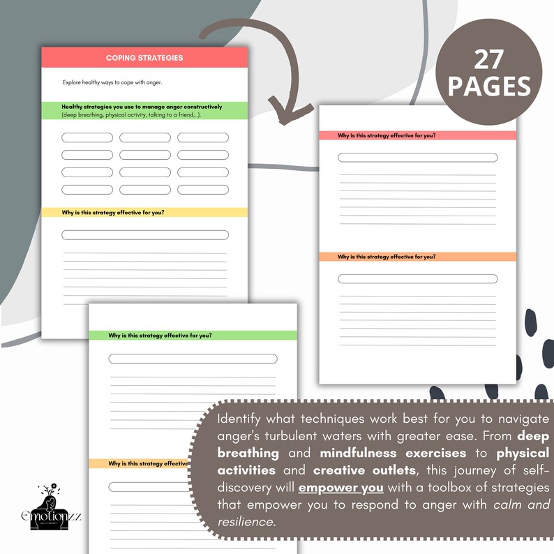 May include: A printable worksheet with 27 pages for coping strategies. The worksheet includes prompts to identify healthy strategies for managing anger, such as deep breathing, physical activity, and talking to a friend. The worksheet also includes space to reflect on why these strategies are effective.