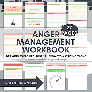 May include: A digital download for an anger management workbook with 27 pages. The cover features a pink, green, and yellow color scheme with the title "Anger Management Workbook" in a large, bold font. The subtitle reads "Drawing Exercises, Journal Prompts & Writing Tasks to explore and manage your anger".