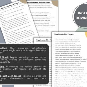 May include: A printable worksheet with self-reflection and happiness prompts. The worksheet is divided into two sections: Self-Confidence and Self-Esteem Prompts and Happiness and Joy Prompts. The worksheet is designed to help users improve their self-confidence, mood, and overall well-being.