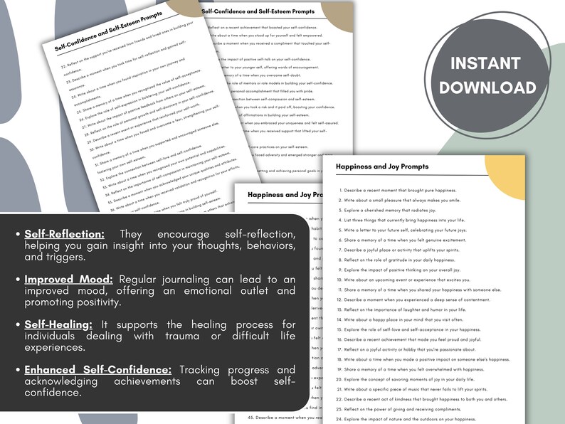 May include: A printable worksheet with self-reflection and happiness prompts. The worksheet is divided into two sections: Self-Confidence and Self-Esteem Prompts and Happiness and Joy Prompts. The worksheet is designed to help users improve their self-confidence, mood, and overall well-being.