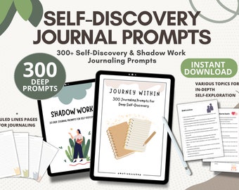 May include: A digital product listing for 300 self-discovery journaling prompts. The image shows a tablet screen with the title "Journey Within" and the text "300 Journaling Prompts for Deep Self-Discovery". The image also includes a separate tablet screen with the title "Shadow Work" and the text "20 Deep Journal Prompts for Self-Discovery".