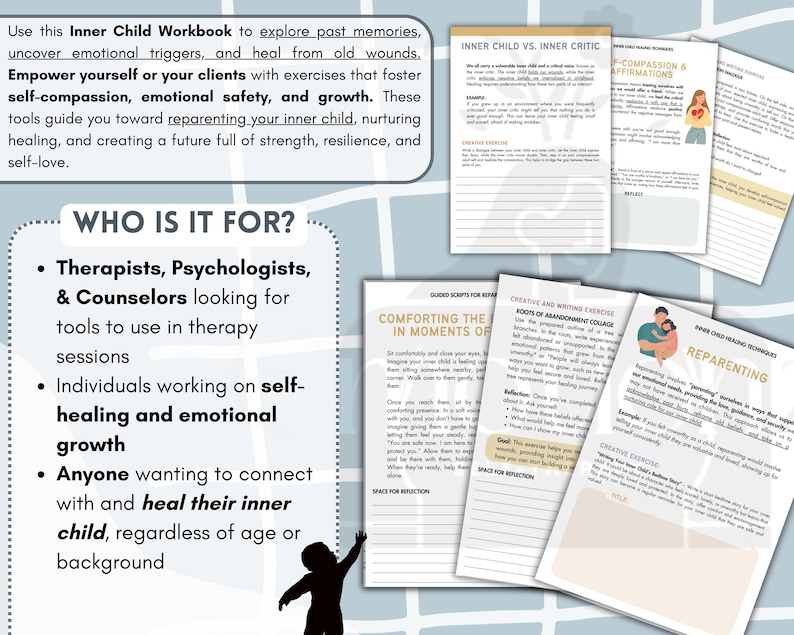 Op de afbeelding: Een werkboek met de titel "Inner Child Workbook" met een zwart silhouet van een persoon met uitgestrekte armen. Het werkboek is ontworpen om mensen te helpen verleden herinneringen te verkennen, emotionele triggers te ontdekken en te genezen van oude wonden. De tekst "Who is it for?" is gemarkeerd in een witte box. Het werkboek is voor therapeuten, psychologen, counselors, individuen die werken aan zelfgenezing en emotionele groei, en iedereen die wil verbinden met en genezen van hun innerlijke kind.