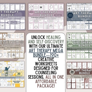 May include: A collection of art therapy bundles with various worksheets for personal growth, trauma, and addiction recovery. The image includes text that reads "Unlock Healing and Self-Discovery with our Ultimate Art Therapy Mega Bundle - 190+ Creative Worksheets."