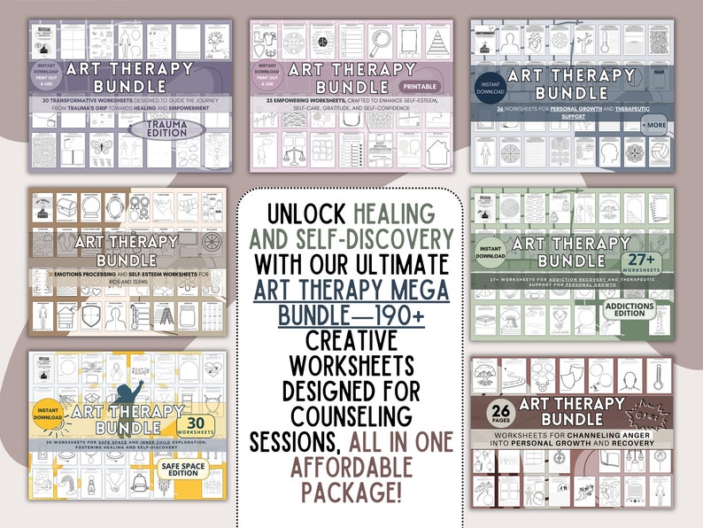 May include: A collection of art therapy bundles with various worksheets for personal growth, trauma, and addiction recovery. The image includes text that reads "Unlock Healing and Self-Discovery with our Ultimate Art Therapy Mega Bundle - 190+ Creative Worksheets."