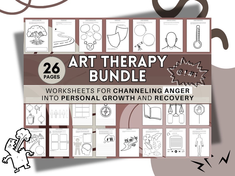 May include: An art therapy bundle with 26 pages of worksheets. The cover features the text "ART THERAPY BUNDLE" and "WORKSHEETS FOR CHANNELING ANGER INTO PERSONAL GROWTH AND RECOVERY". The worksheets include various illustrations and prompts for self-reflection.