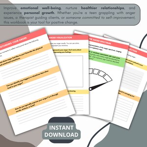 May include: A printable workbook with pages titled "Understanding Your Anger", "Anger Visualization", "The Anger Spectrum", and "Reflection". The pages are designed to help people manage their anger.