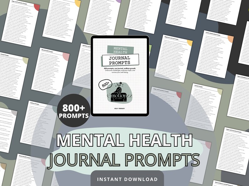 May include: A digital download of 800+ mental health journal prompts. The cover features a green and white illustration of a head with a thought bubble and the text "Mental Health Journal Prompts".