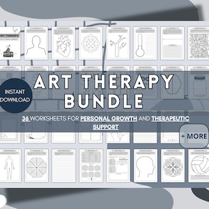May include: A collection of 36 art therapy worksheets for personal growth and therapeutic support. The bundle includes various line drawings and fill-in activities, with the words "Art Therapy Bundle" prominently displayed.