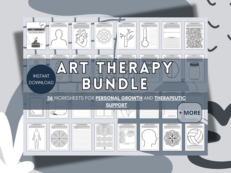 May include: A collection of 36 art therapy worksheets for personal growth and therapeutic support. The bundle includes various line drawings and fill-in activities, with the words "Art Therapy Bundle" prominently displayed.