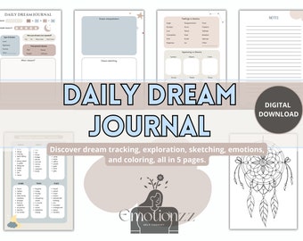 May include: A printable digital download of a daily dream journal with five pages. The journal includes sections for tracking dreams, exploring dream symbols, sketching, and coloring. The cover features a dreamcatcher with feathers and a flower.