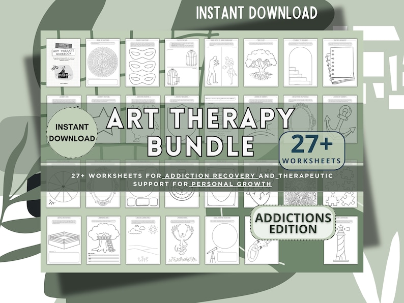 May include: An art therapy bundle with over 27 worksheets for addiction recovery and personal growth. The cover features the text "Art Therapy Bundle" and "Addictions Edition". The worksheets include various line drawings and coloring pages.
