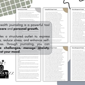 May include: A printable worksheet with journaling prompts for mental health. The worksheet is divided into four sections: Grief and Loss, Coping with Change, Stress Management, and Emotional Leadership. The worksheet includes the text "Mental health journaling is a powerful tool for self-care and personal growth. It provides a structured outlet to express emotions, reduce stress, and enhance self-awareness. Through journaling, you can navigate challenges, manage anxiety, and boost your mood."