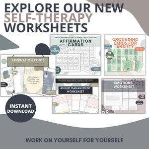 May include: A collection of printable self-therapy worksheets and affirmation cards. The worksheets include topics such as anger management, grounding, and emotions. The affirmation cards are designed for daily use and inner child work. All items are available for instant download as PDF files.