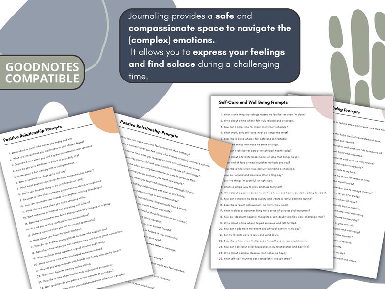 May include: Three printable journal pages with prompts for positive relationships, self-care and well-being, and being. The pages are in a light pink, light blue, and light green color scheme. The text is in black. The pages are titled "Positive Relationship Prompts", "Self-Care and Well Being Prompts", and "Being Prompts".