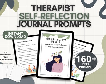 May include: A digital download of a therapist self-reflection journal with over 160 prompts. The journal cover features a woman with flowers in her hair and the text "The Reflective Healer: A Reflective Journal for Personal and Professional Growth".