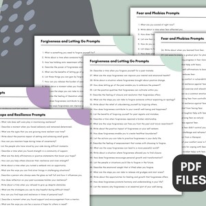 May include: A set of printable worksheets with prompts for self-reflection on forgiveness, letting go, hope, resilience, and fear. The worksheets are designed to help individuals explore their emotions and develop coping mechanisms.