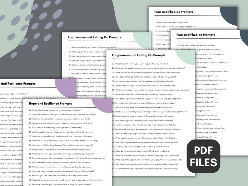 May include: A set of printable worksheets with prompts for self-reflection on forgiveness, letting go, hope, resilience, and fear. The worksheets are designed to help individuals explore their emotions and develop coping mechanisms.