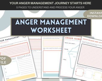 May include: A printable anger management worksheet with five pages. The pages are titled "Anger Management Worksheet", "Anger Iceberg", and "Anger Release and Letting Go". The pages are designed with a light blue, pink, and yellow color scheme.