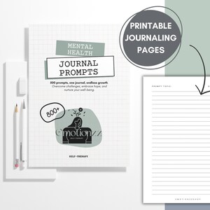 May include: Printable journaling pages with a gray and white grid pattern. The text "PRINTABLE JOURNALING PAGES" is in a gray circle. The text "PROMPT TOPIC" and "DATE" are at the top of the page.  The text "800+" is in a speech bubble with a black and white illustration of a person with a flower growing from their head. The text "MENTAL HEALTH JOURNAL PROMPTS" is in black text on a white background. The text "500 prompts, one journal, endless growth. Overcome challenges, embrace hope, and nurture your well-being." is in black text on a white background. The text "motion SELF-THERAPY" is in black text on a white background.