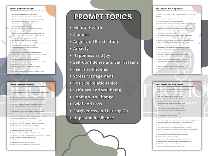 May include: A printable worksheet with a list of prompt topics for journaling, including mental health, sadness, anger and frustration, anxiety, happiness and joy, self-confidence and self-esteem, fear and phobias, stress management, positive relationships, self-care and wellbeing, coping with change, grief and loss, forgiveness and letting go, and hope and resilience.