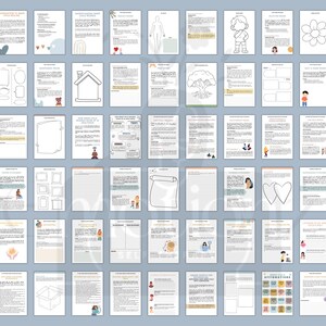 Op de afbeelding: Een set met printbare werkbladen met verschillende activiteiten voor zelfreflectie en persoonlijke groei. De werkbladen bevatten een verscheidenheid aan vormen, waaronder cirkels, vierkanten, driehoeken en harten, evenals prompts voor journalen en affirmaties.