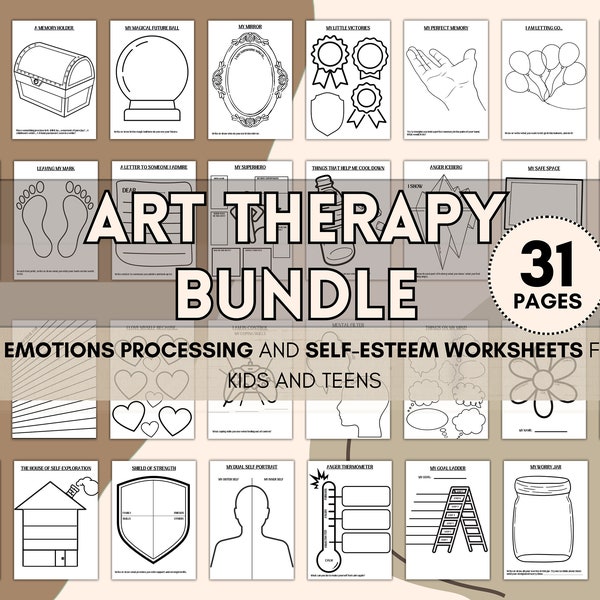 Printable Art Therapy Bundle, Emotional Regulation Worksheets, CBT Tool for Kids and Teens, Self Esteem Workbook