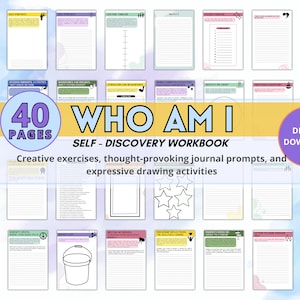 Mental Health Journal, Guided Self Discovery Workbook, Who Am I, Self Reflection Prompts, School Psychologist Tool CBT Therapy Printables