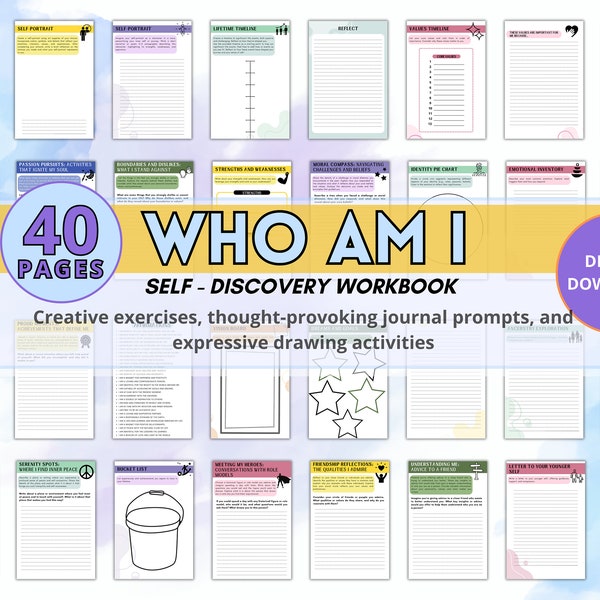 Mental Health Journal, Guided Self Discovery Workbook, Who Am I, Prompts for Self Reflection, School Psychologist Tool CBT Therapy