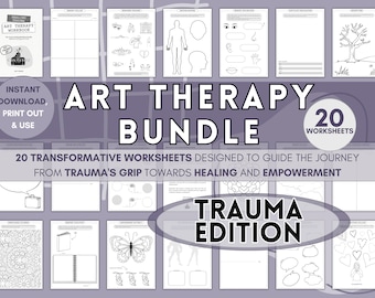 May include: A set of 20 printable art therapy worksheets designed to help guide the journey from trauma's grip towards healing and empowerment. The worksheets feature a variety of creative prompts and exercises, including drawing, colouring, and writing.