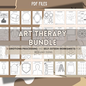 May include: A collection of black and white art therapy worksheets for kids and teens. The "ART THERAPY BUNDLE" includes 31 worksheets focused on emotions processing and self-esteem. The PDF files feature various illustrations and prompts.