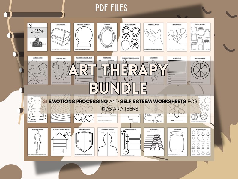 May include: A collection of black and white art therapy worksheets for kids and teens. The "ART THERAPY BUNDLE" includes 31 worksheets focused on emotions processing and self-esteem. The PDF files feature various illustrations and prompts.