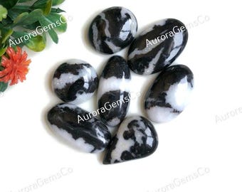 Könnte beinhalten: Eine Sammlung polierter Zebra-Jaspis-Steine. Die Steine sind oval und abgerundet, mit einem schwarz-weißen Muster. Das Bild enthält grüne Blätter und eine kleine orangefarbene Blume in der oberen linken Ecke. Der Text "AuroraGemsCo" ist sichtbar.